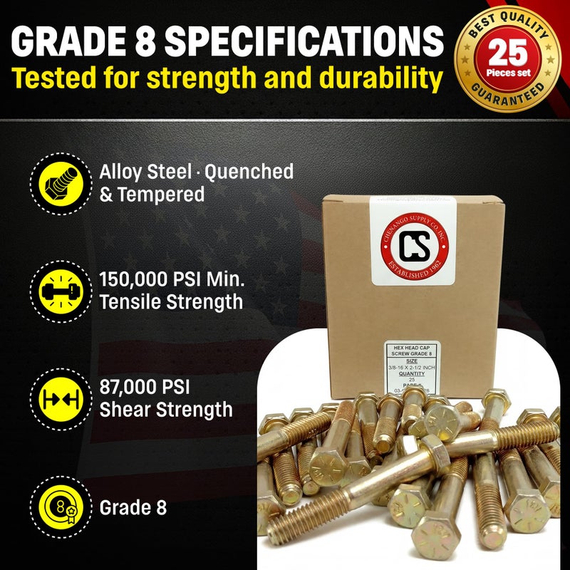 Chenango Supply 3/8-16 x 2-1/2" Grade 8 Hex Head Bolts â€“ Alloy Steel, Yellow Chromate Zinc, High-Strength Hex Head Cap Screws, 25 Pieces - Image 4